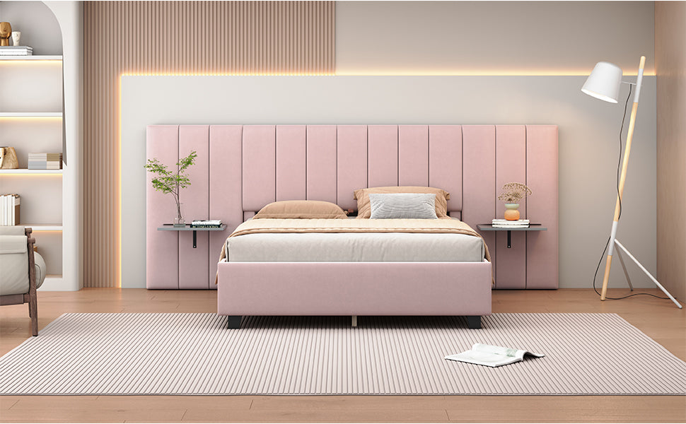 Queen Size Upholstered Platform Bed with Big Headboard, Bedroom Furniture, Velvet, Pink - Atlantic Fine Furniture Melbourne FL