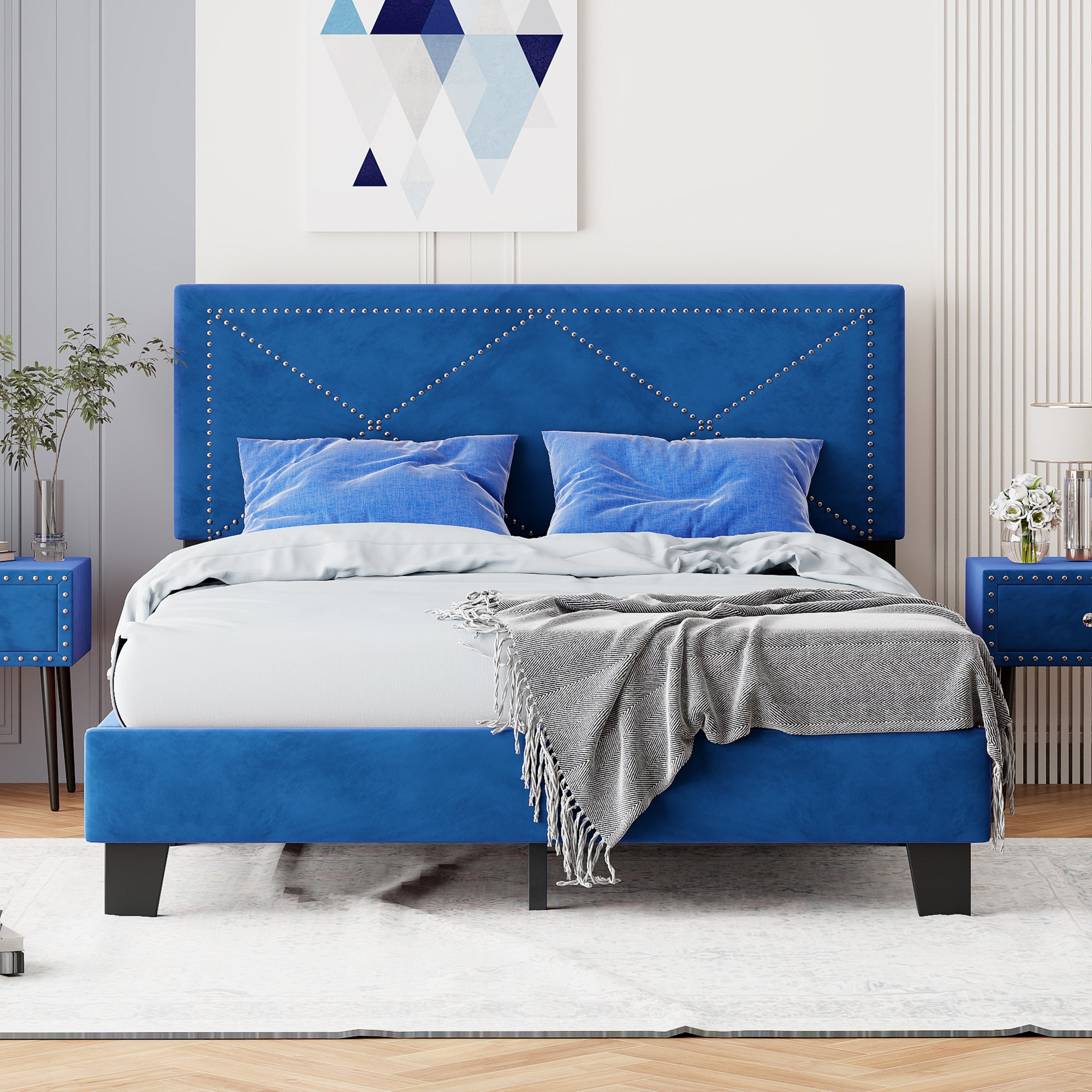 Simple Queen Size Upholstered Bed Frame with Rivet Design, Modern Velvet Platform Bed with headboard, Blue - Atlantic Fine Furniture Melbourne FL