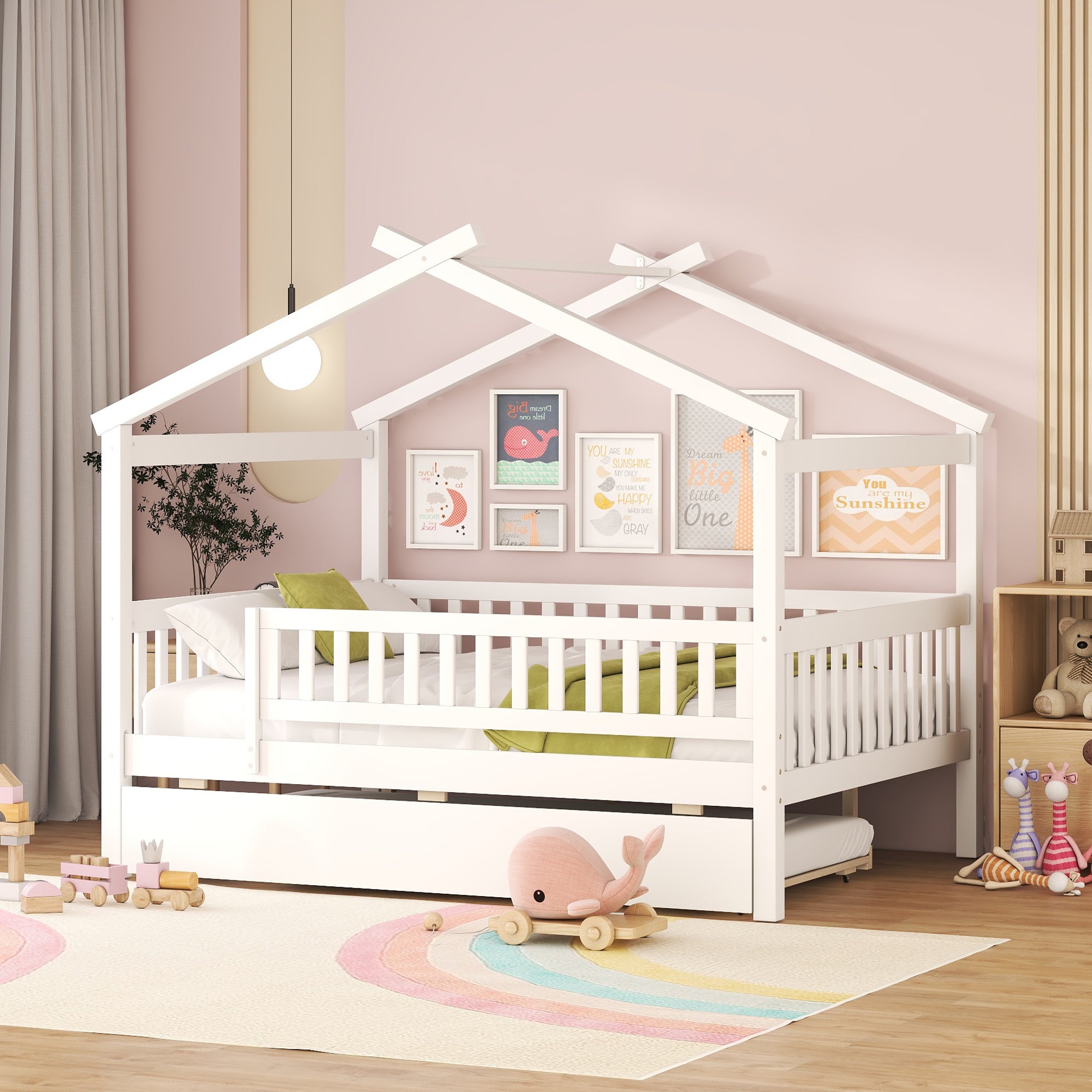 Full Size Wooden House Bed with Twin Size Trundle, White - Atlantic Fine Furniture Melbourne FL