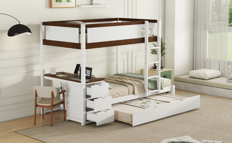 Twin-Over-Twin Bunk Bed with Twin size Trundle, Storage and Desk, White+Walnut - Atlantic Fine Furniture Melbourne FL