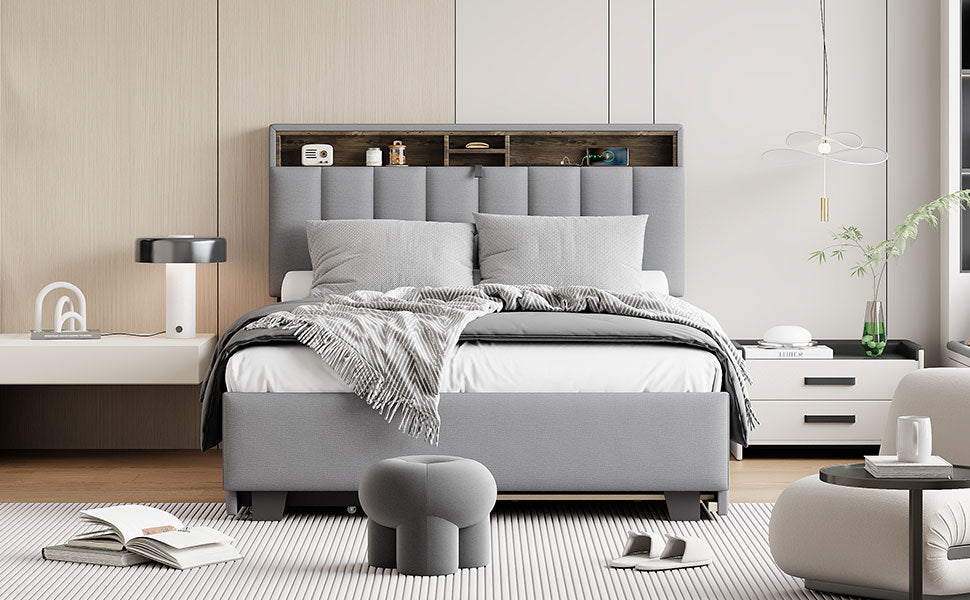 Full size Upholstered Platform Bed with Storage Headboard, Twin Size Trundle & 2 drawers and a set of Sockets & USB Ports, Linen Fabric, Gray - Atlantic Fine Furniture Melbourne FL