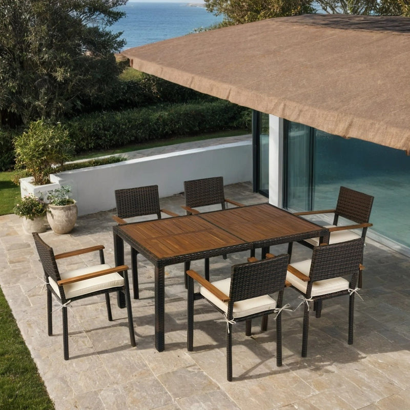 7 Piece Outdoor Patio Wicker Dining Set Patio Wicker Furniture Dining Set With Top - Brown / Cream