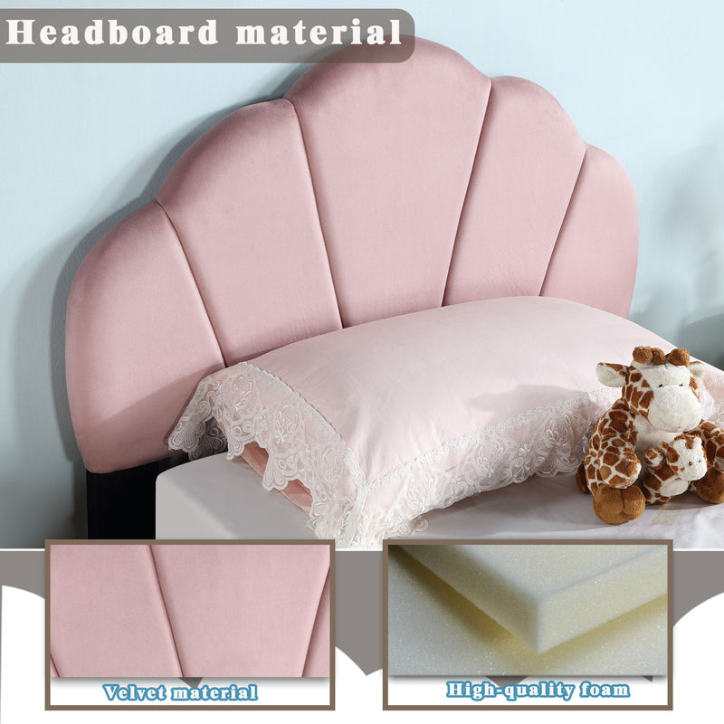 Upholstered Twin Size Platform Bed For Kids Wooden Bed Frame With Slatted Bed Base No Box Spring Needed Cute Bed Frame With Shell Design Headboard - Pink