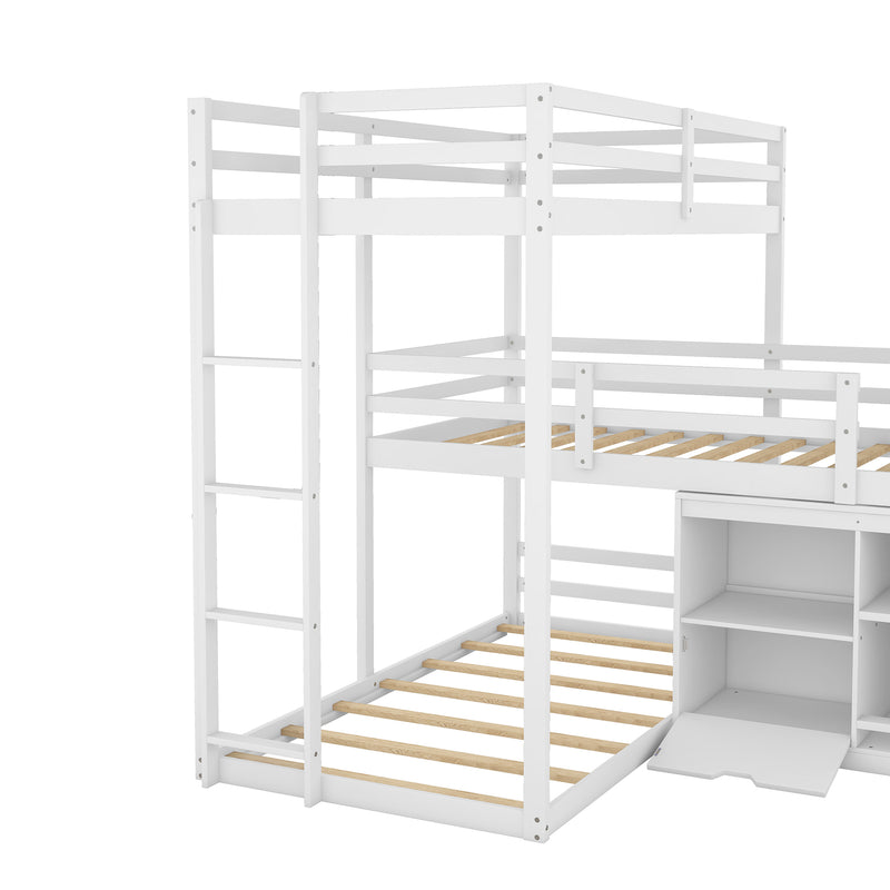 L-shaped Wood Triple Twin Size Bunk Bed with Storage Cabinet and Blackboard, Ladder, White