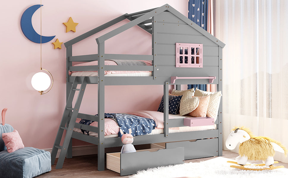 Twin over Twin Bunk Bed with 2 Drawers, 1 Storage Box, 1 Shelf, Window and Roof-Gray(OLD SKU:LT000608AAE) - Atlantic Fine Furniture Melbourne FL