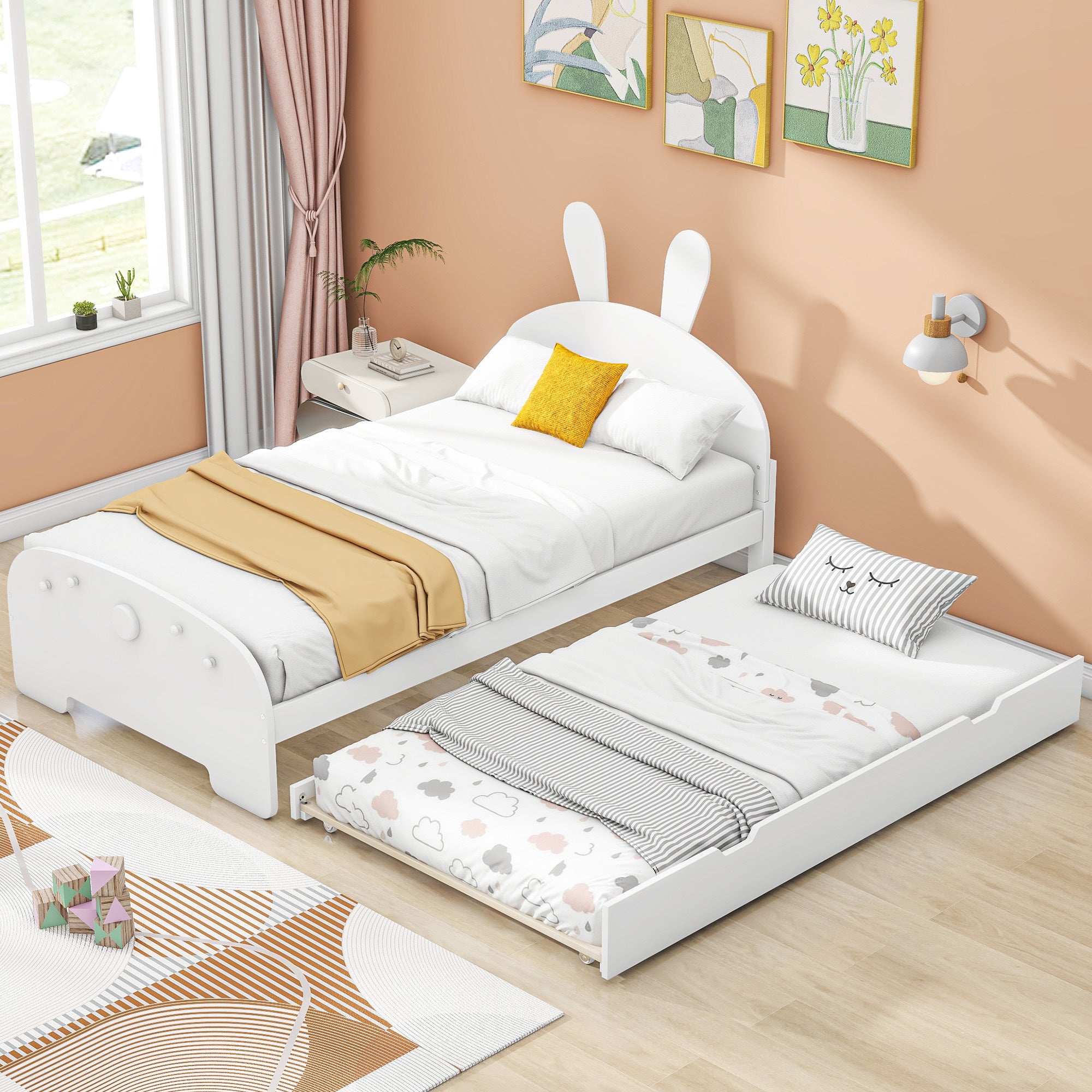 Wood Twin Size Platform Bed with Cartoon Ears Shaped Headboard and Trundle, White - Atlantic Fine Furniture Melbourne FL