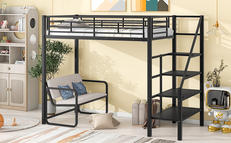 Twin Size Metal Loft Bed with Bench and Storage Staircase, Black - Atlantic Fine Furniture Melbourne FL