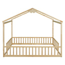 Double Twin House-Style Floor Bed with Fence, Guardrails, without door, Natural
