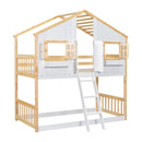 House Bunk Bed With Roof, Window, Window Box, Door, With Safety Guardrails And Ladder