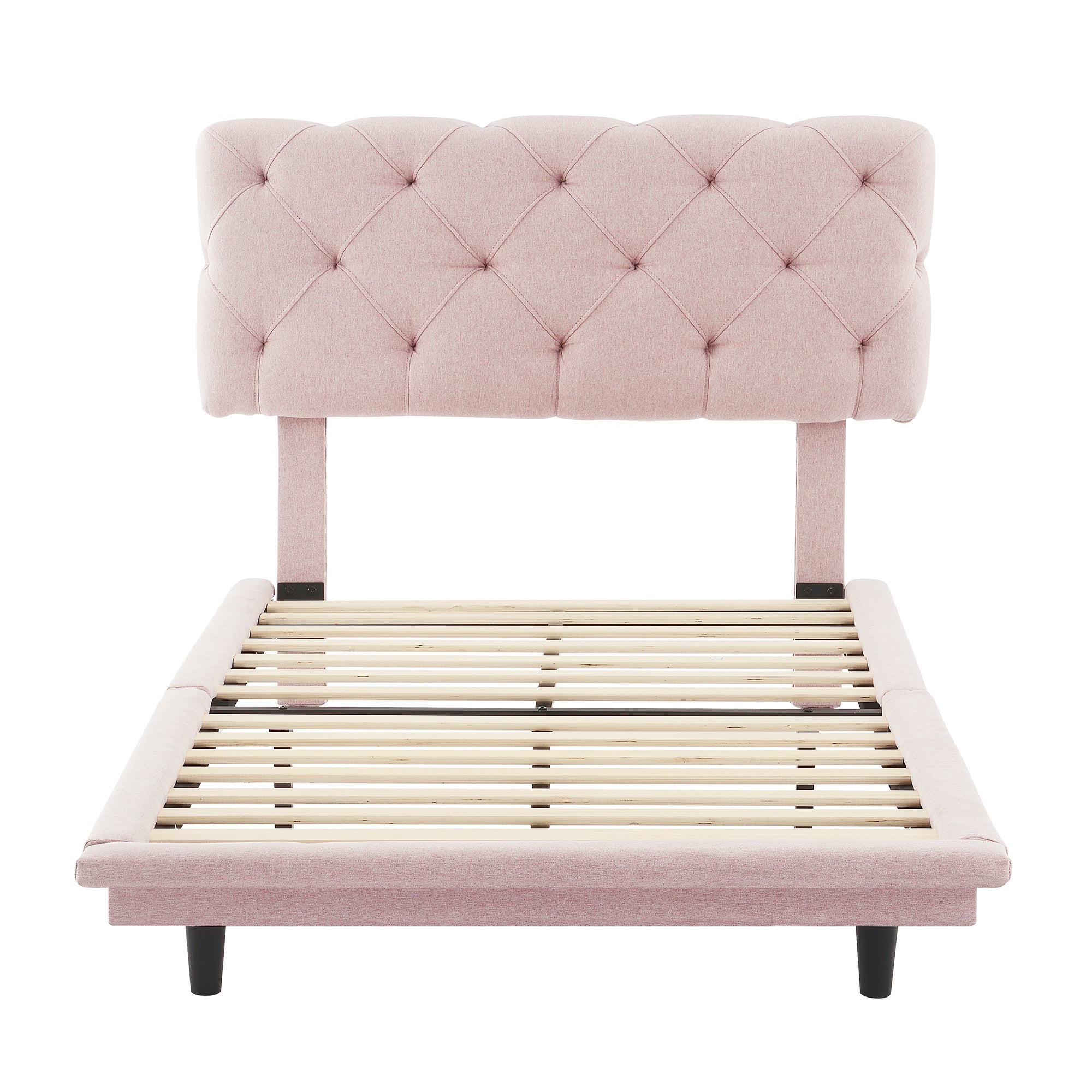 Twin Size Upholstered Bed with Light Stripe, Floating Platform Bed, Linen Fabric,Pink - Atlantic Fine Furniture Melbourne FL