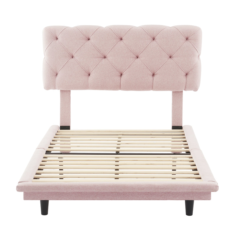 Twin Size Upholstered Bed with Light Stripe, Floating Platform Bed, Linen Fabric,Pink