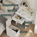 Makeup Vanity Desk With Round Mirror And Lights, 2 In 1 Nightstand, Dressing Table With A Chair - Antique White