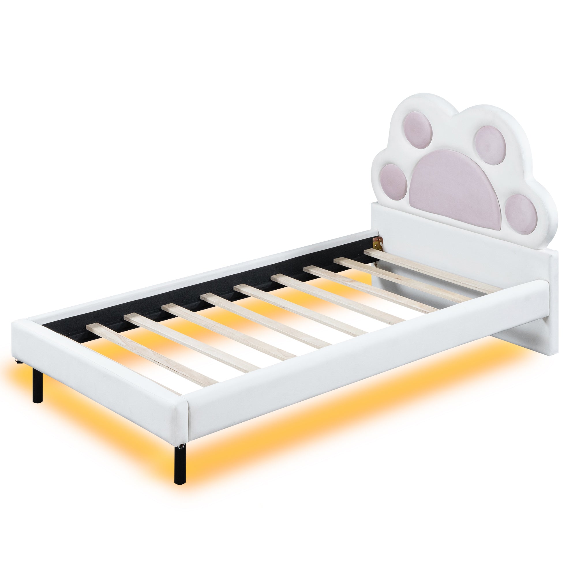 Twin Size Upholstered Platform Bed with Animal Paw Shaped Headboard and LED, Pink - Atlantic Fine Furniture Melbourne FL