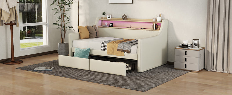 Twin Size Daybed with Storage Drawers, Upholstered Daybed with Charging Station and LED Lights, Beige (Expect arrive date: December 30th.)