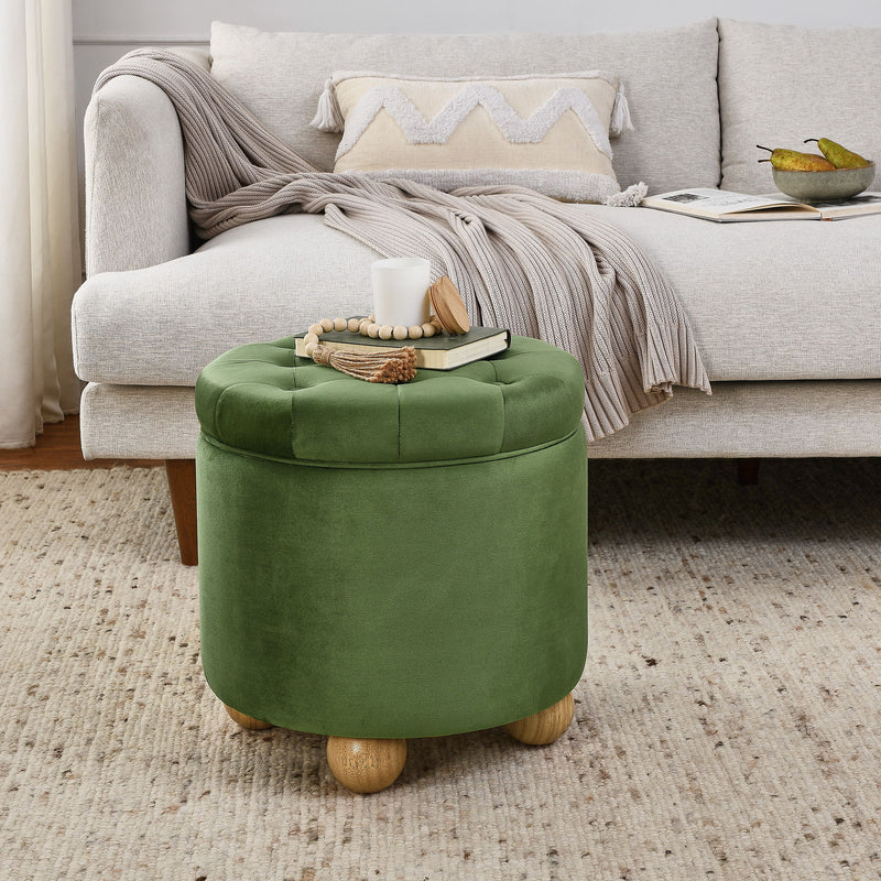 Modern Round Linen Storage Ottoman With Table Top Lid And Storage Space