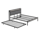 Queen Size Metal Platform Bed Frame with Twin size trundle, Upholstered headboard, Sockets, USB Ports and Slat Support, No Box Spring Needed, Black