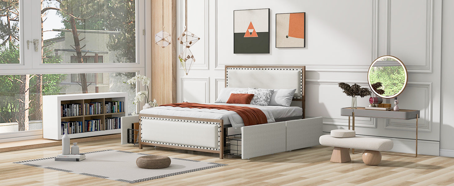 Queen Size Upholstered Platform Bed with Nailhead Decoration and 4 Drawers, Brown - Atlantic Fine Furniture Melbourne FL
