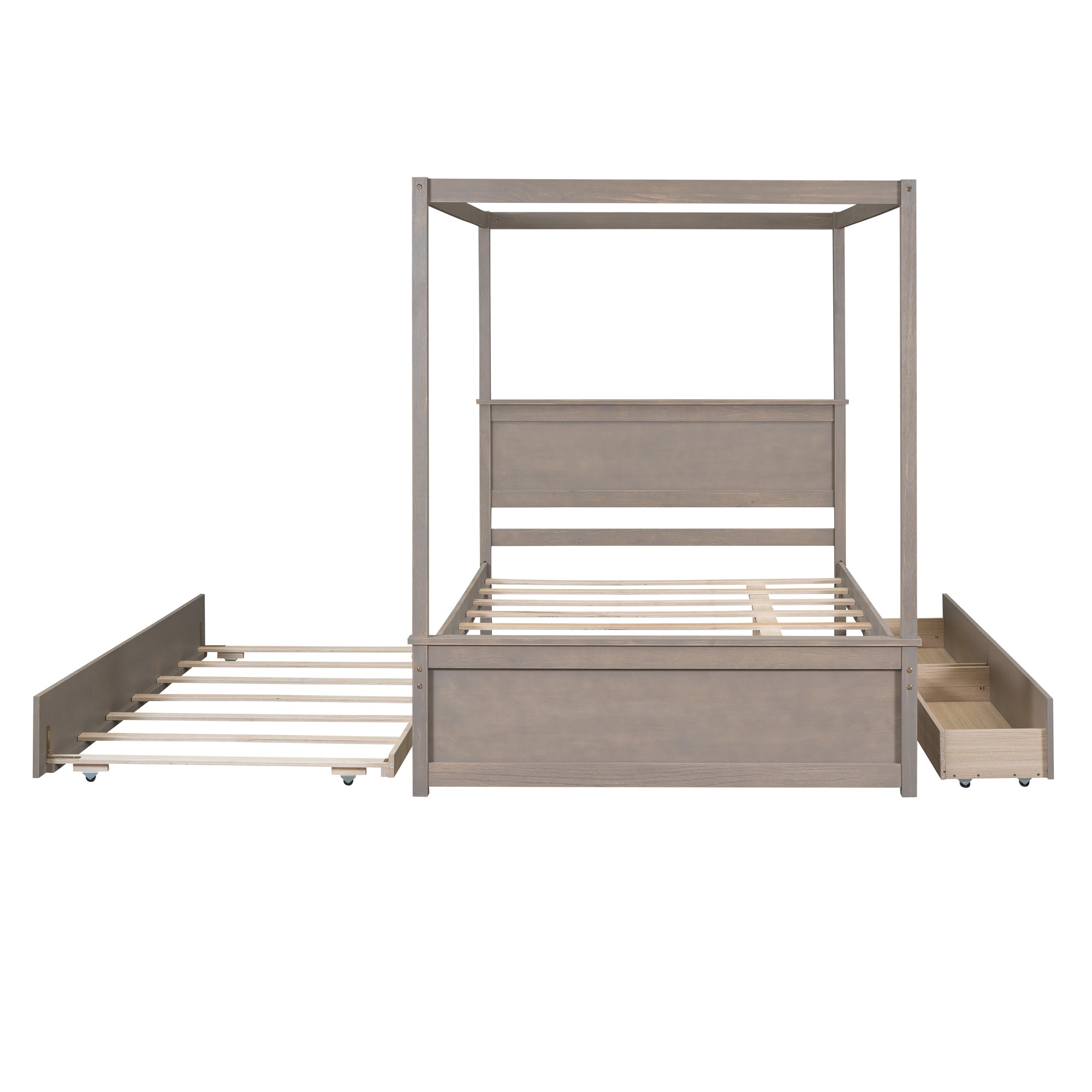 Wood Canopy Bed with Trundle Bed and two Drawers ,Full Size Canopy Platform bed With Support Slats .No Box Spring Needed, Brushed Light Brown - Atlantic Fine Furniture Melbourne FL