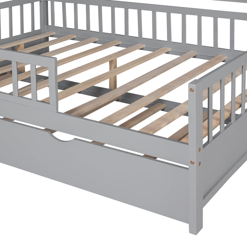 Wooden Full Size House Bed with Twin Size Trundle,Kids Bed with Shelf, Gray