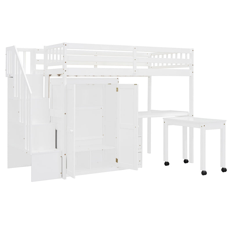 Loft Bed With Stairs, Bookshelf, Drawers, Desk & Wardrobe, Space Saving Multifunctional Furniture
