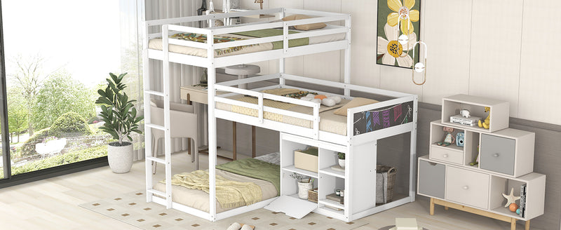 L-shaped Wood Triple Twin Size Bunk Bed with Storage Cabinet and Blackboard, Ladder, White