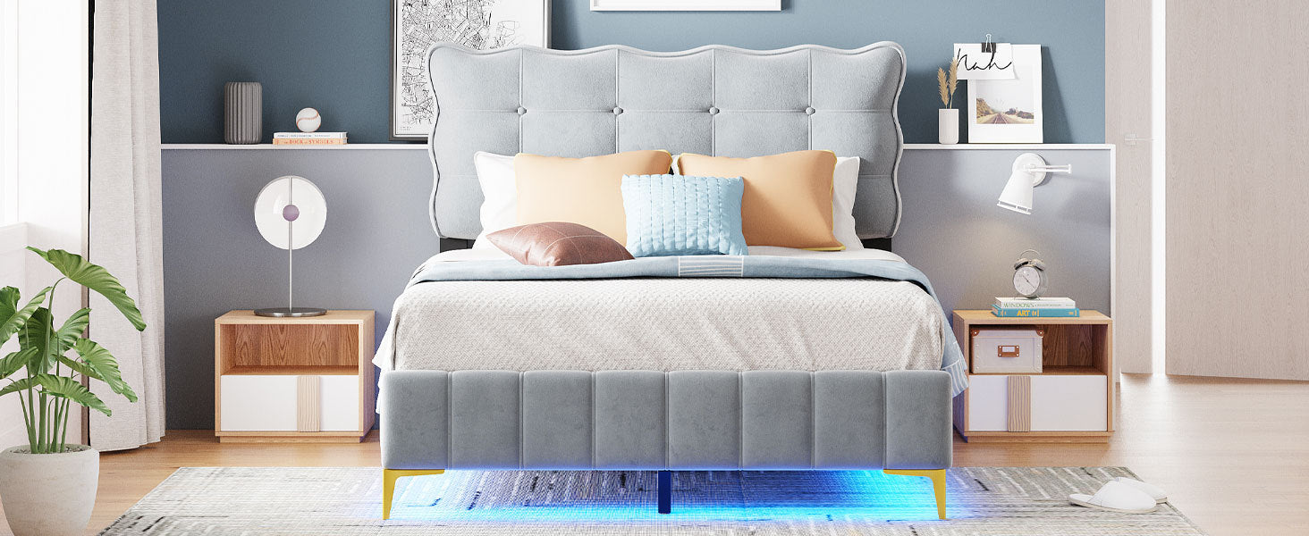 Full Size Velvet Platform Bed with LED Frame and Stylish Mental Bed Legs, Gray - Atlantic Fine Furniture Melbourne FL