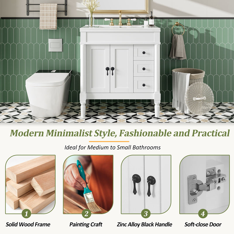 Bathroom Vanity With Ceramic Sink, 2 Doors 3 Drawers, Soft Close Design