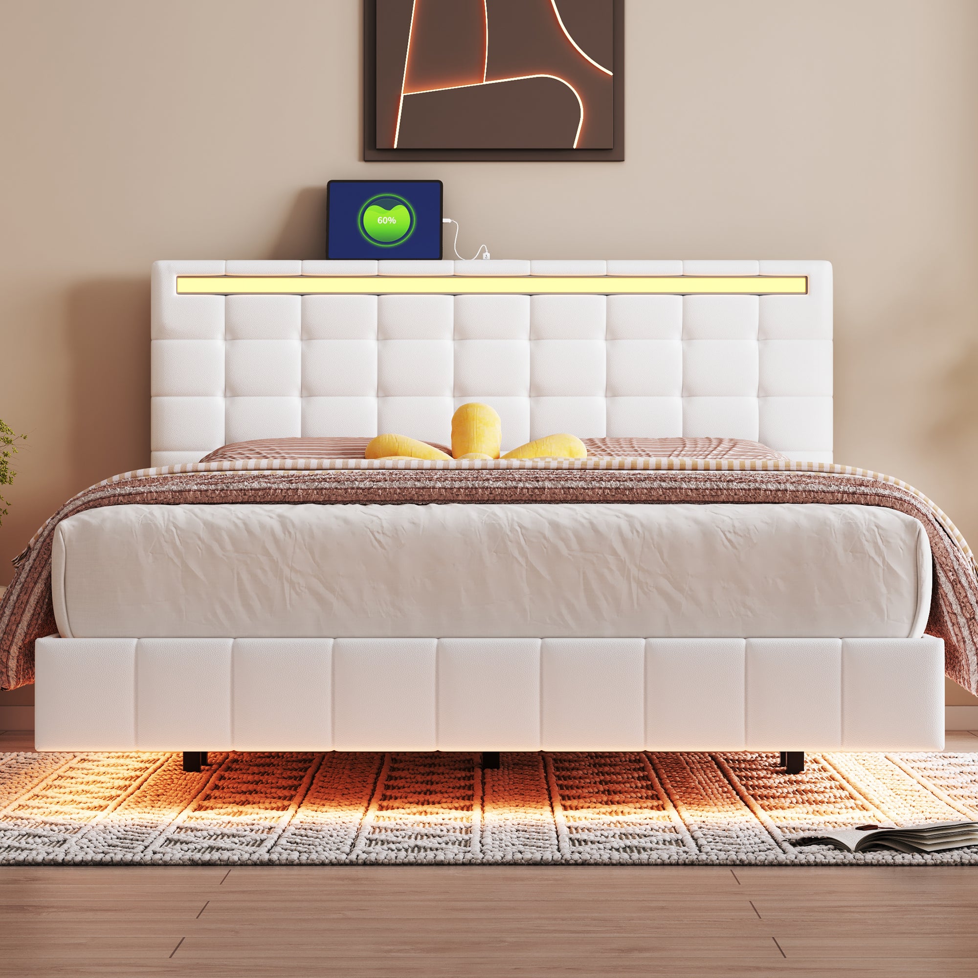 Queen Size Floating Bed Frame with LED Lights and USB Charging,Modern Upholstered Platform LED Bed Frame,White - Atlantic Fine Furniture Melbourne FL