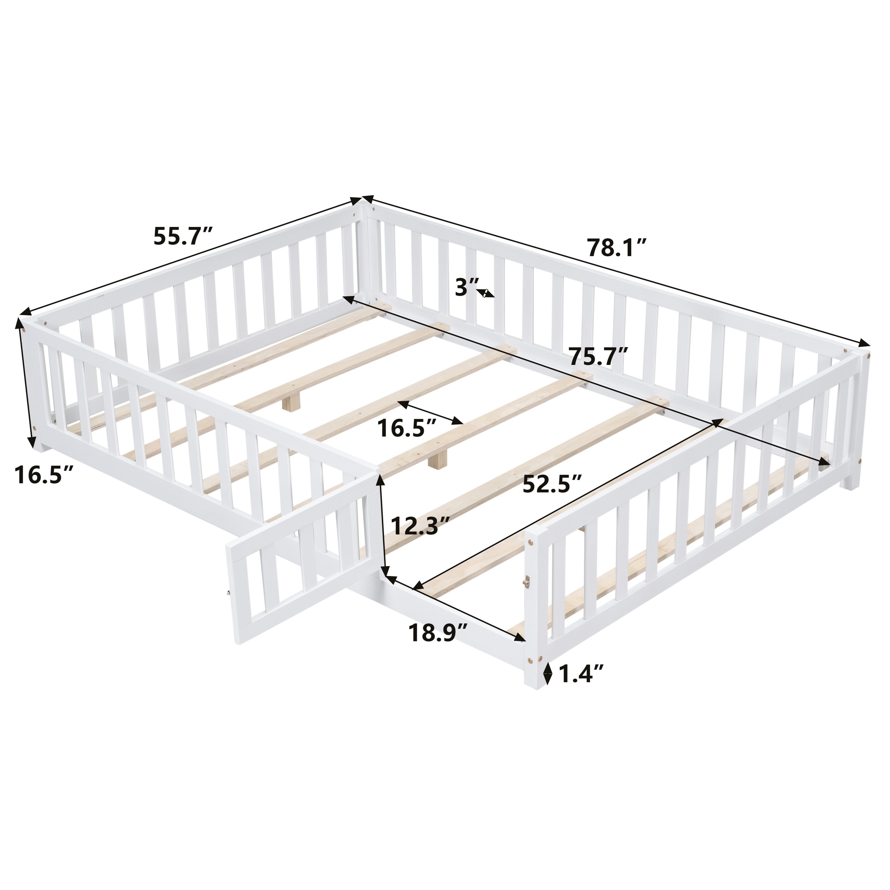 Full Size Floor Platform Bed with Fence and Door for Kids, Montessori Floor Bed Frame with Support Slats for Toddlers, Wooden Floor Bed White - Atlantic Fine Furniture Melbourne FL