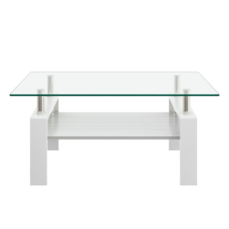 Modern Rectangular Coffee Table With Tempered Transparent Glass Top And Storage Shelf