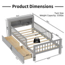 Bed With Headboard Storage Rack, 2 Under Bed Drawers, 3 Side Guardrails For Safety
