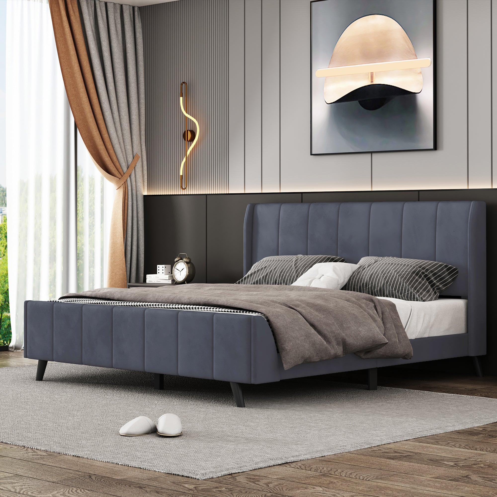 Queen Size Upholstered Platform Bed, Velvet, Gray - Atlantic Fine Furniture Melbourne FL