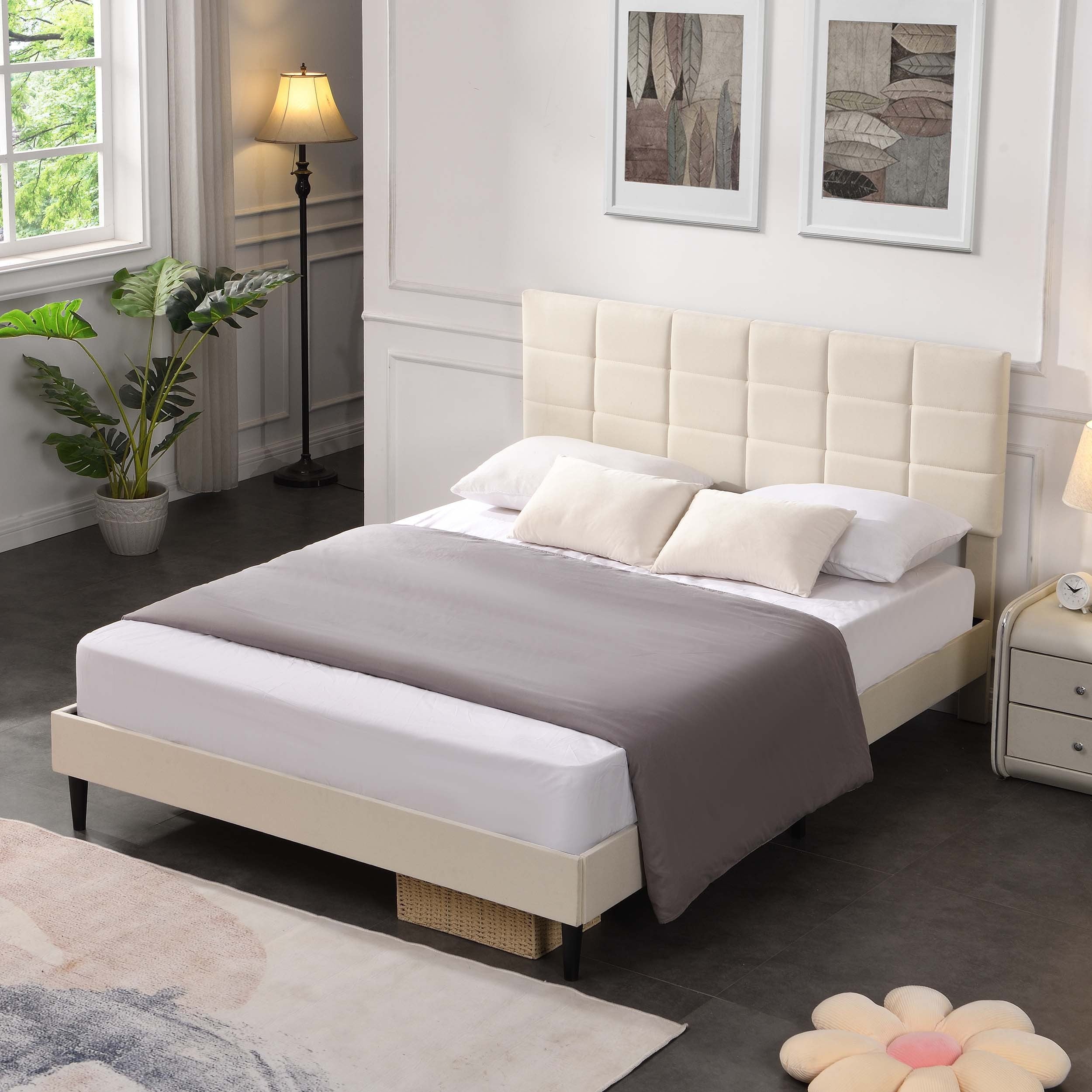 Full Size Platform Bed Frame with Fabric Upholstered Headboard and Wooden Slats, No Box Spring Needed/Easy Assembly, Beige