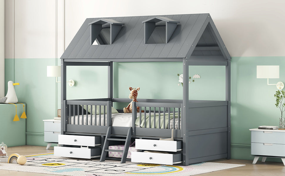 Twin Size Wood Bed House Bed Frame,Gray - Atlantic Fine Furniture Melbourne FL