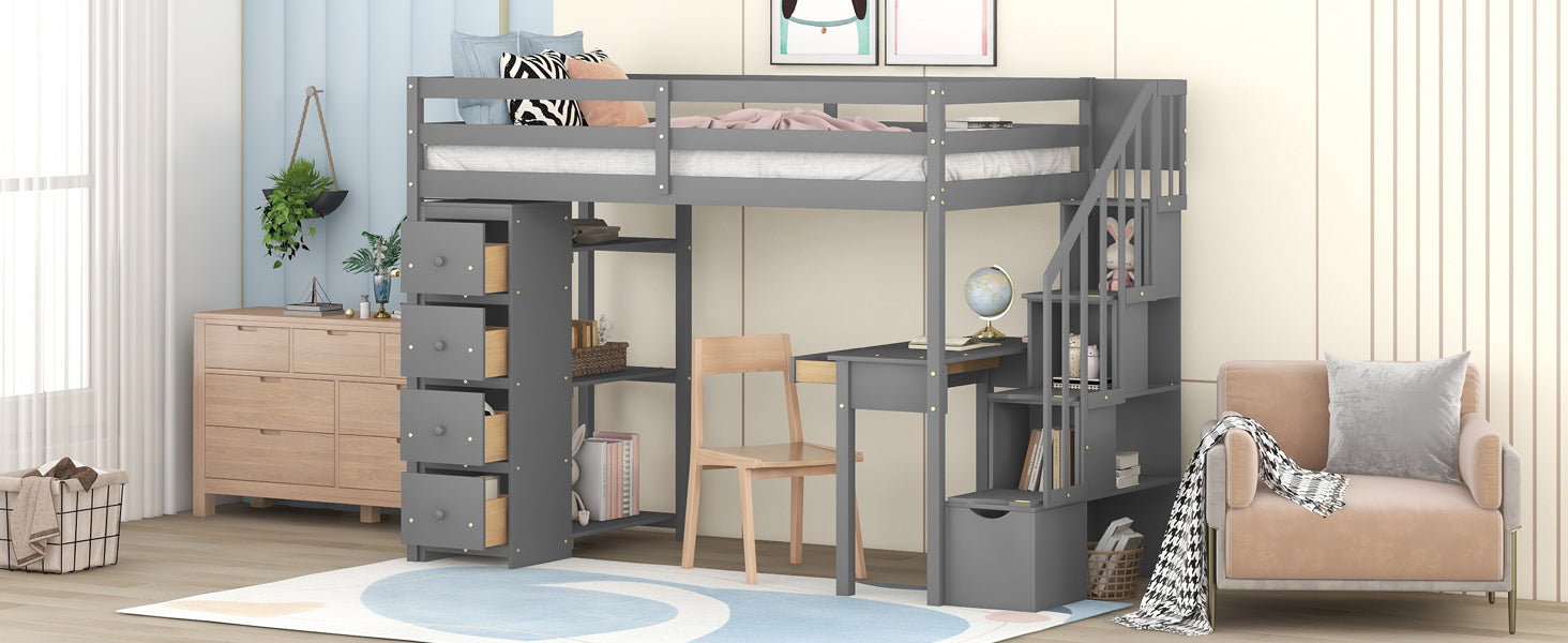 Twin size Loft Bed with Storage Drawers ,Desk and Stairs, Wooden Loft Bed with Shelves - Gray - Atlantic Fine Furniture Melbourne FL
