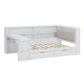 L Shaped Daybed With Desk, Bookcase, Upholstered Headboard, Drawers, And LED Light