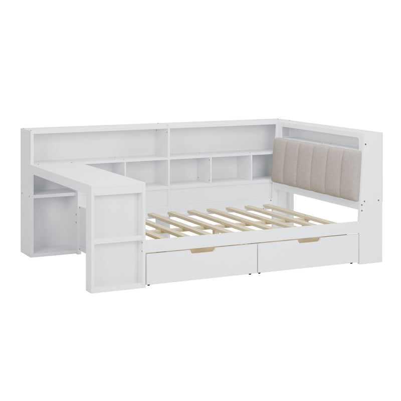 L Shaped Daybed With Desk, Bookcase, Upholstered Headboard, Drawers, And LED Light