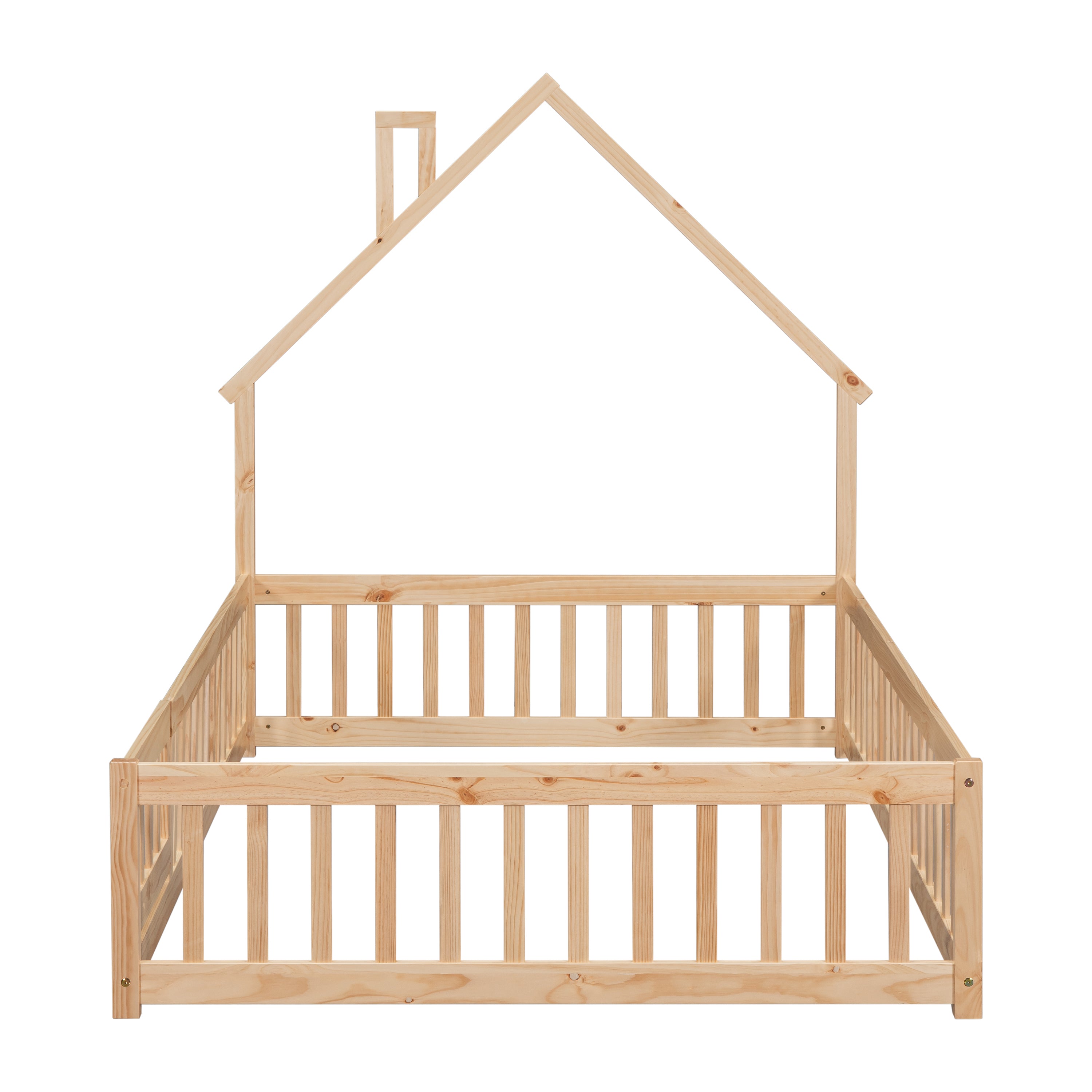 Full House-Shaped Headboard Floor Bed with Fence,Natural