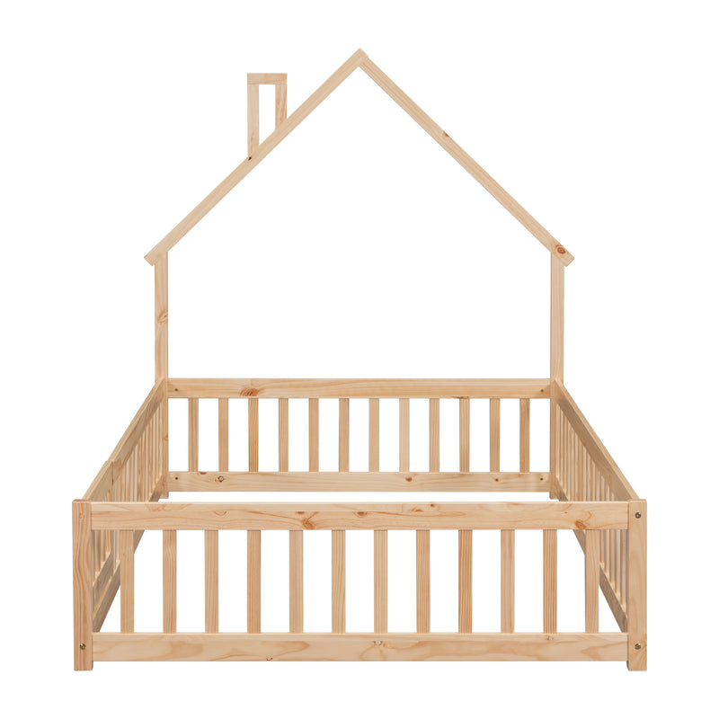 Full House-Shaped Headboard Floor Bed with Fence,Natural