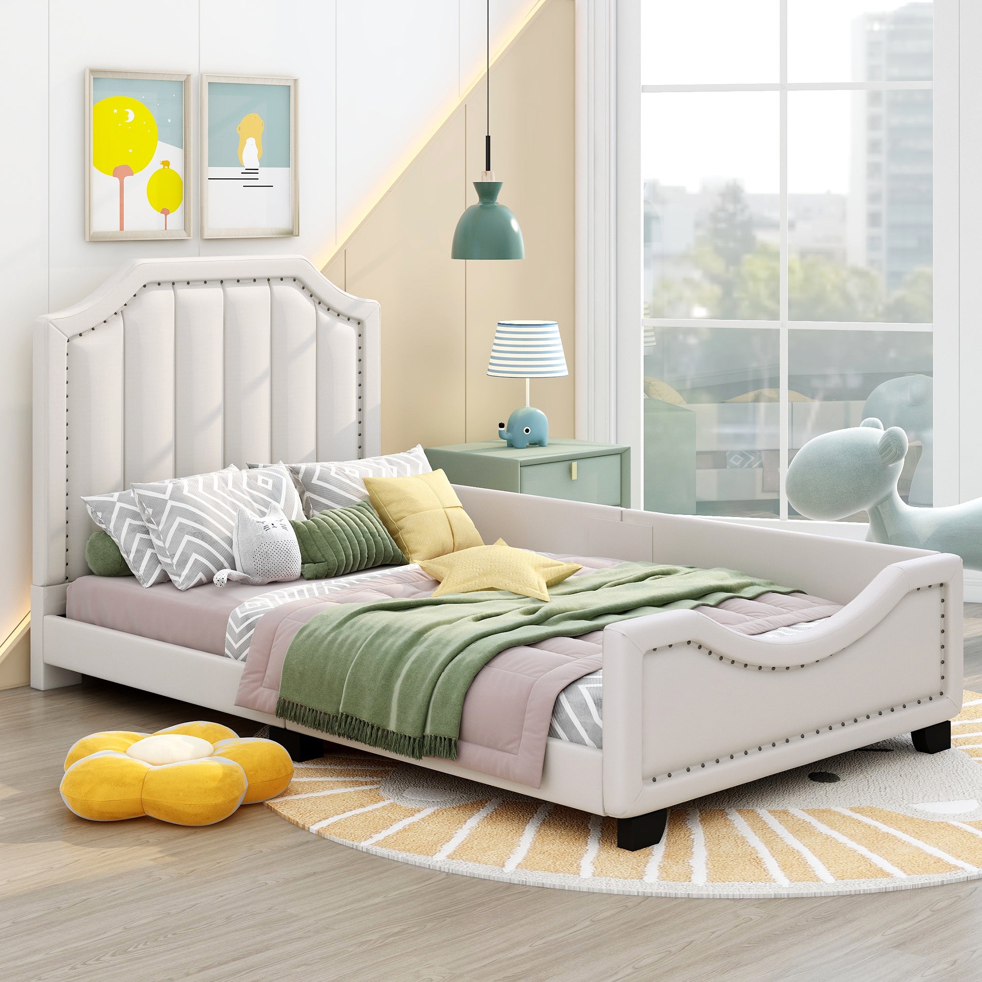 Twin Size Upholstered Platform Bed with Nailhead Trim Decoration and Guardrail, Beige - Atlantic Fine Furniture Melbourne FL