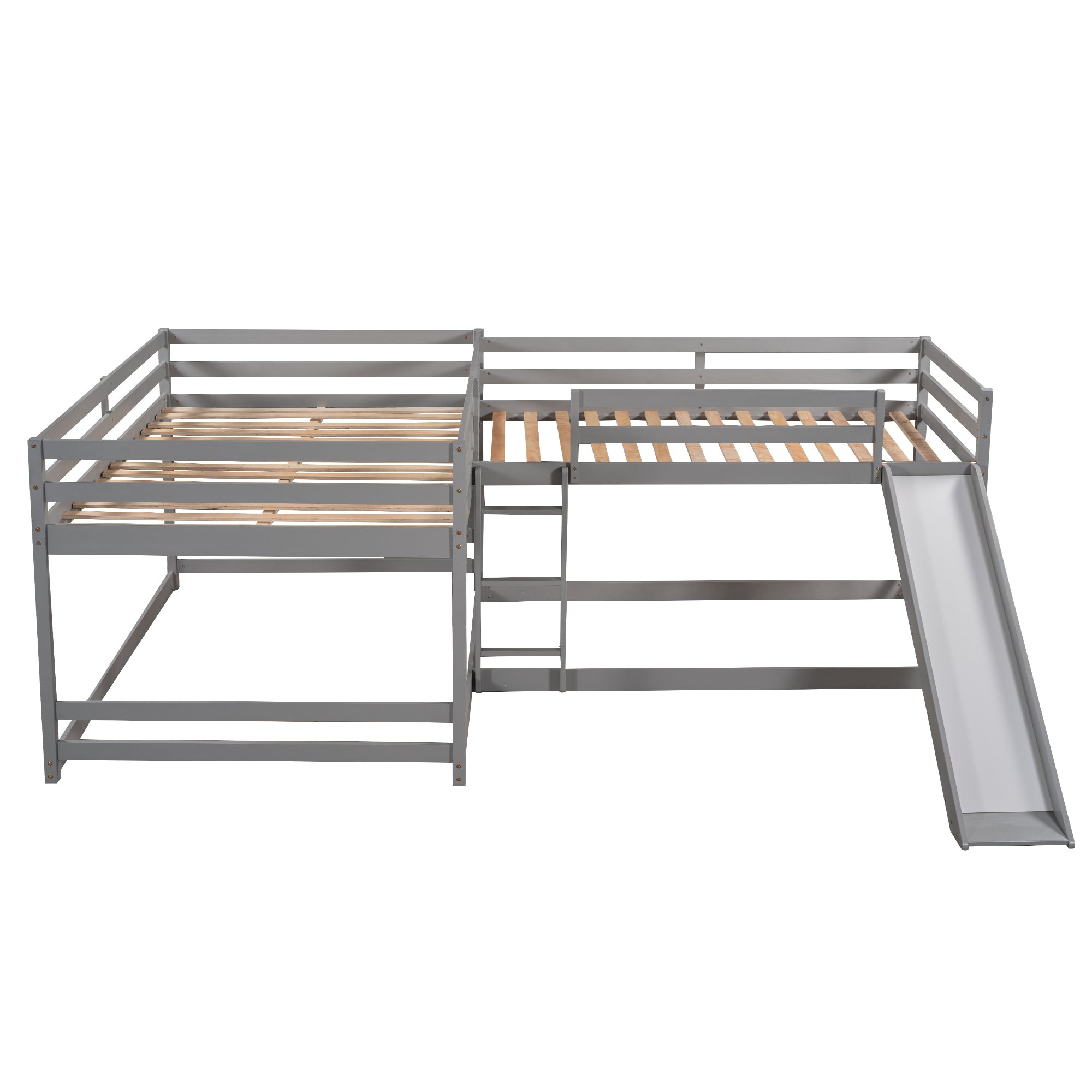 Full and Twin Size L-Shaped Bunk Bed with Slide and Short Ladder,Gray - Atlantic Fine Furniture Melbourne FL