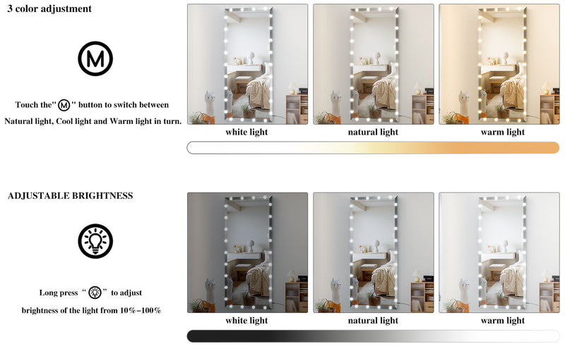 Full Length Mirror With Lights Full Body Vanity Mirror With 3 Color Modes Lighted Standing Floor Mirror For Dressing Room Bedroom Wall Mounted Touch Control
