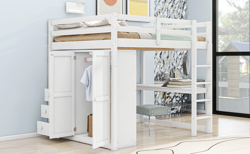 Wood Full Size Loft Bed with Built-in Wardrobe, Desk, Storage Shelves and Drawers, White - Atlantic Fine Furniture Melbourne FL