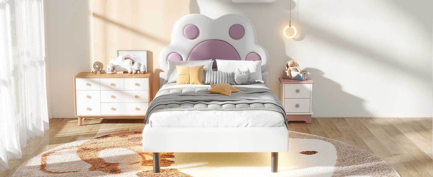 Twin Size Upholstered Platform Bed with Animal Paw Shaped Headboard and LED, Pink - Atlantic Fine Furniture Melbourne FL