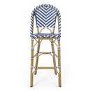 Outdoor Rattan French Barstool Set,, Bamboo, Seat Height - Navy Blue / White