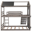 Twin Over Twin Bunk Bed Wood Bed with Roof, Window, Slide, Ladder ,Antique Gray(OLD SKU:LP000059AAE)