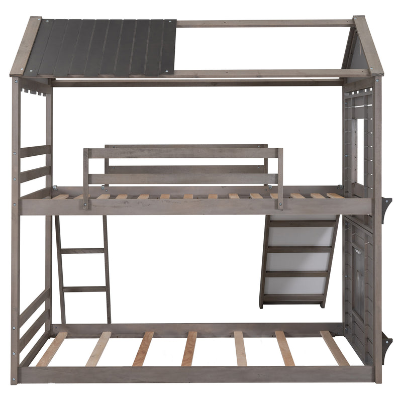 Twin Over Twin Bunk Bed Wood Bed with Roof, Window, Slide, Ladder ,Antique Gray(OLD SKU:LP000059AAE)