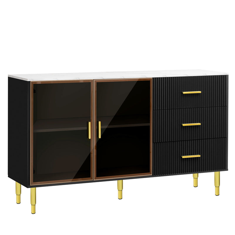 Modern Sideboard Buffet Cabinet Marble Sticker Tabletop And Amber-Yellow Tempered Glass Doors With Gold Metal Legs & Handles