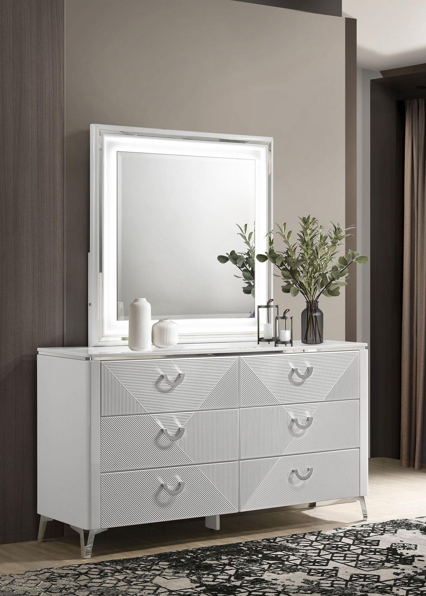 Cassia 6-drawer Dresser Cabinet with Mirror White High Gloss