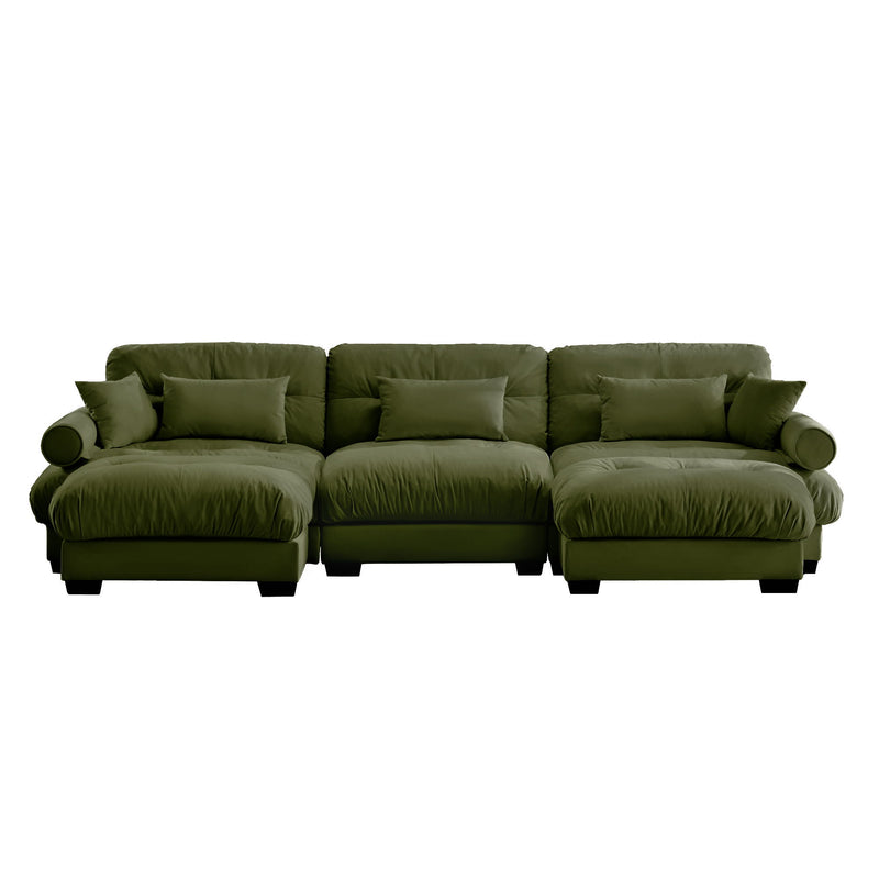 Modern Sectional Sofa With Ottoman, Round Bolster Armrests, Waist And Throw Pillows